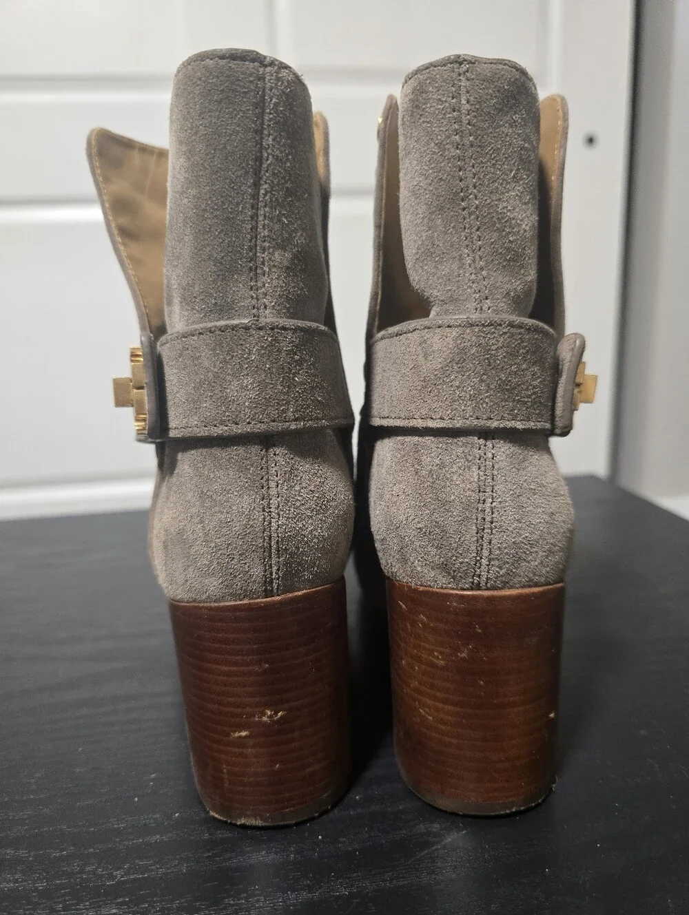 TORY BURCH Women's Suede Gray Ankle Boots with Gold Studs